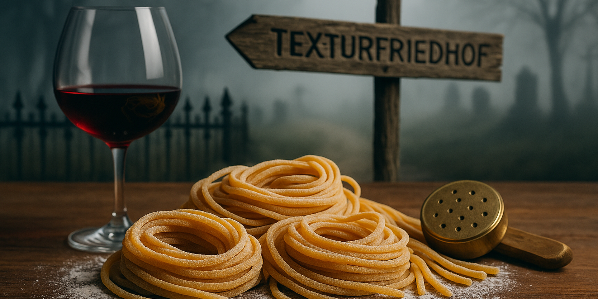 Die Nudelstudie: Nahaufnahme von al bronzo Pasta auf Holzbrett mit Mehl, Bronzematrize und Glas Rotwein; im Hintergrund angedeuteter „Texturfriedhof“ im Nebel.