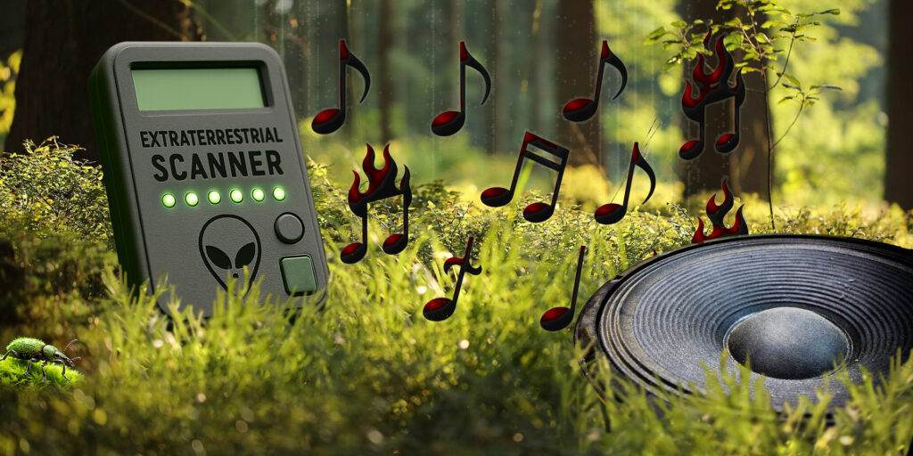 Musik beim Autofahren: Ein Alienscanner steht auf moosigem Waldboden neben einem großen Lautsprecher. Brennende Noten schweben in der Luft – visuelle Metapher für musikalisches Grauen
