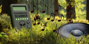 Musik beim Autofahren: Ein Alienscanner steht auf moosigem Waldboden neben einem großen Lautsprecher. Brennende Noten schweben in der Luft – visuelle Metapher für musikalisches Grauen