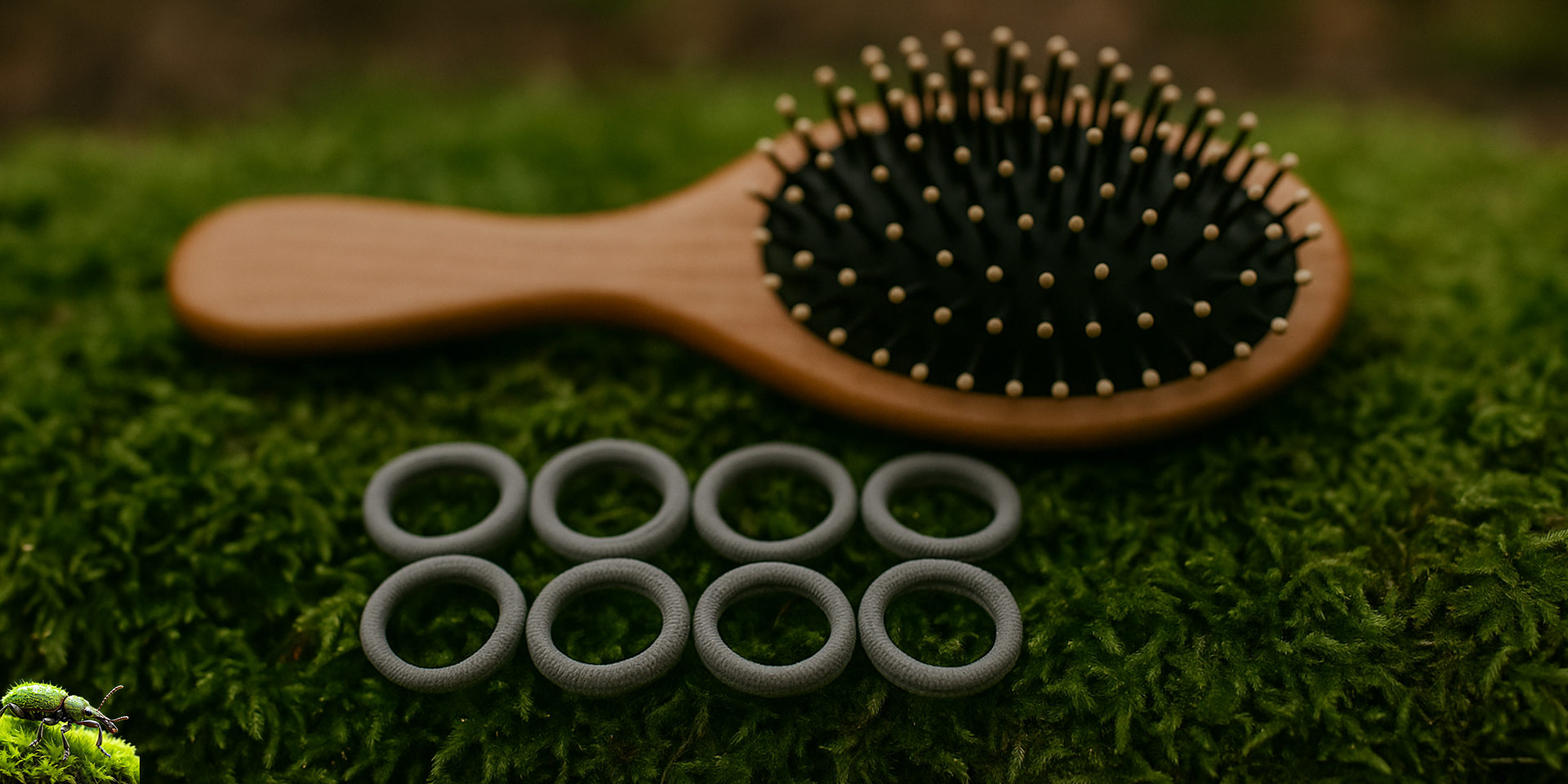 Haargummis und Bürste auf einem Waldboden für den Blogartikel - Der Haarschopf des Grauens
