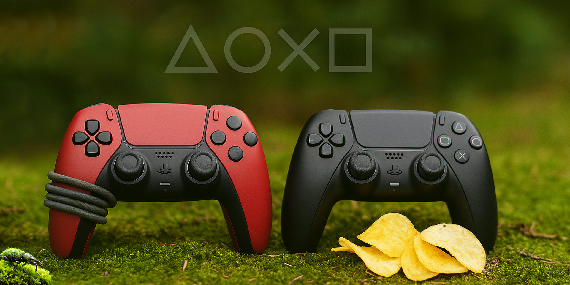 zwei PlayStation-Controller liegen auf Moos, einer dunkelrot mit Haargummis, einer schwarz, daneben Chips; darüber schwebt dezent das PS-Symbol mit Dreieck, Kreis, X und Viereck.
