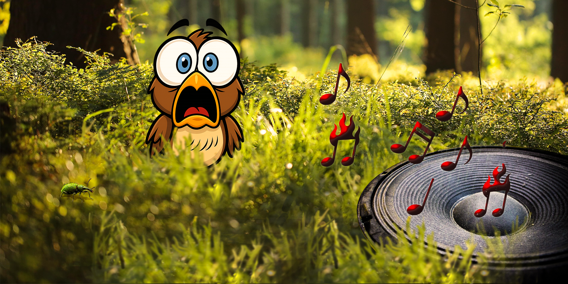 Lautsprecher im Moos mit erschrockenem Vogel